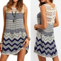Bohemian Style Sleeveless Round Neck Lace Spliced Printed Dress