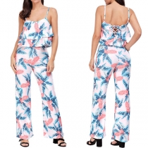 Sexy Backless Cami Top + High Waist Pants Printed Two-piece Set