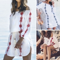 Sexy Off-shoulder Boat Neck Half Sleeve Elastic Waist Embroidered Dress