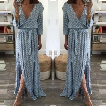 Sexy Deep V-neck Slit Hem 3/4 Sleeve Printed Maxi Dress