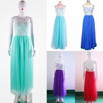 Elegant Style Sleeveless Round Neck Lace Spliced Gauze Dress
