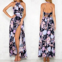 Sexy Backless Slit Hem High Waist Printed Halter Dress