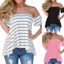 Sexy Off-shoulder Boat Neck Short Sleeve Striped T-shirt