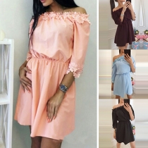 Sexy Lace Spliced Half Sleeve Wide Neckline Solid Color Dress
