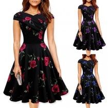Fashion Boat Neck Short Sleeve High Waist Printed Dress