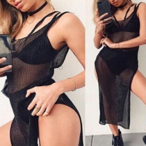 Sexy Backless V-neck Slit Hem Hollow Out Knit Sling Smock Dress