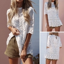 Fashion Half Sleeve Round Neck Solid Color Hollow Out Lace Top