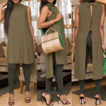 Chic Style Sleeveless Peter Pan Collar High-low Slit Hem Solid Color Top