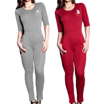 Sexy Backless Half Sleeve Round Neck High Waist Slim Fit Jumpsuit