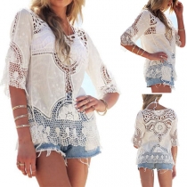 Fashion Solid Color Half Sleeve Round Neck Hollow Out Lace Smock