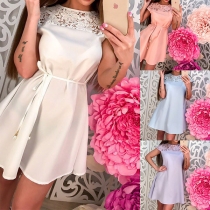 Fashion Solid Color Lace Spliced Short Sleeve Round Neck Loose Dress