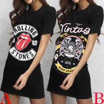 Fashion Letters Printed Short Sleeve Round Neck T-shirt Dress