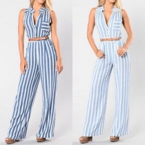 OL Style Sleeveless High Waist Slim Fit Striped Jumpsuit