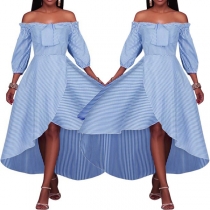 Sexy Off-shoulder Boat Neck Lantern Sleeve Irregular Hem Striped Dress