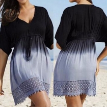 Fashion Color Gradient Half Sleeve V-neck Elastic Waist Lace Spliced Hem Dress