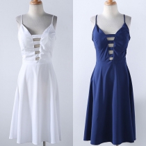 Sexy Backless Hollow Out V-neck Solid Color Sling Dress