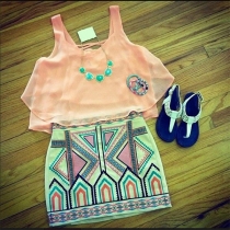 Fashion Sleeveless Chiffon Top + High Waist Printed Skirt Two-piece Set