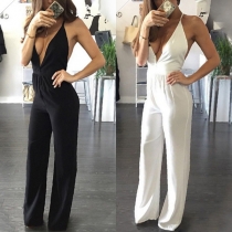Sexy Backless Deep V-neck High Waist Solid Color Sling Jumpsuit  