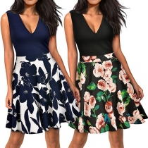 Fashion Sleeveless V-neck High Waist Printed Spliced Hem Dress