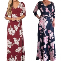 Sexy V-neck 3/4 Sleeve High Waist Printed Maxi Dress
