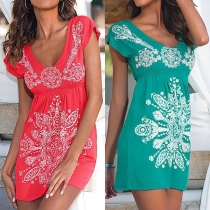 Fashion Short Sleeve V-neck Elastic Waist Printed Dress