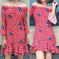 Sexy Off-shoulder Boat Neck 3/4 Sleeve Ruffle Hem Printed Dress