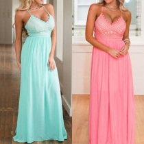 Sexy Backless V-neck High Waist Lace Spliced Sling Party Dress