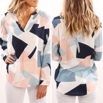 Fashion Long Sleeve V-neck Contrast Color Blouse
