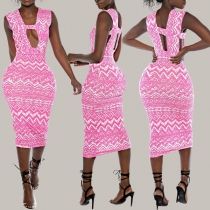 Sexy Backless Deep V-neck Sleeveless Printed Tight Dress