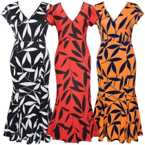 Elegant Style Short Sleeve V-neck Printed Fishtail Dress