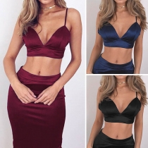 Sexy Backless Deep V-neck Solid Color Sling Crop Top