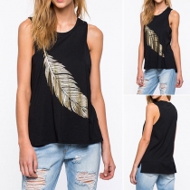 Fashion Bronzing Feather Printed Round Neck Loose Tank Top