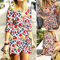 Sexy Deep V-neck Half Sleeve Printed Romper