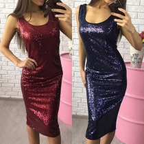 Fashion Sleeveless Round Neck Sequin Spliced Dress