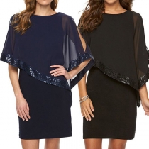 Elegant Solid Color Sequin Spliced Slim Fit Round Neck Dress