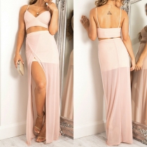Sexy Backless V-neck Cami Top + High Waist Slit Hem Skirt Two-piece Set
