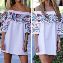 Sexy Off-shoulder Boat Neck Half Sleeve Printed Spliced Dress
