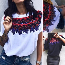 Fashion Rose Printed Short Sleeve Round Neck T-shirt