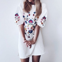 Fashion Lantern Sleeve Round Neck Printed Dress