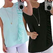 Fashion Solid Color Sleeveless Round Neck Ruffle Chiffon Top