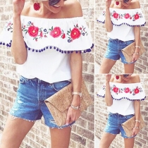Sexy Off-shoulder Boat Neck Ruffle Printed Top