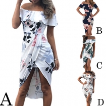 Sexy Off-shoulder Boat Neck Irregular Hem Printed Dress
