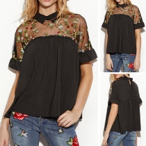 Fashion Short Sleeve POLO Collar Embroidered Gauze Spliced Top