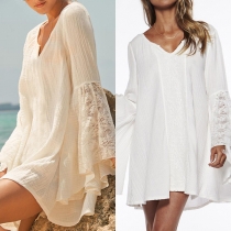 Fashion Lace Spliced Trumpet Sleeve V-neck Beach Dress
