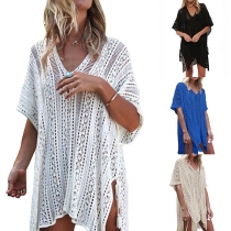 Sexy Short Sleeve V-neck Slit Hem Hollow Out Knit Smock 
