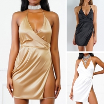 Sexy Backless Deep V-neck Slit Hem Solid Color Sling Dress