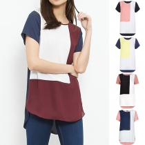 Fashion Contrast Color Short Sleeve Round Neck High-low Hem Chiffon Top