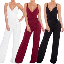 Sexy Backless V-neck High Waist Solid Color Sling Jumpsuit