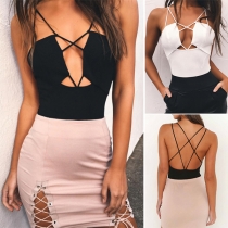Sexy Backless Deep V-neck Solid Color Sling Bodysuit