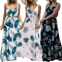 Bohemian Style V-neck High Waist Printed Sling Dress